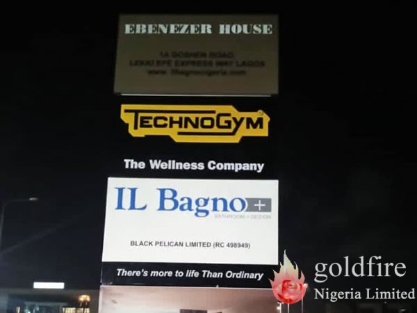 Pylon and Wall signage for Bathrooms Direct and TechnoGym - Lekki-Epe Expressway, Lagos by Goldfire Nigeria Limited | Branding Company In Lagos Abuja Nigeria