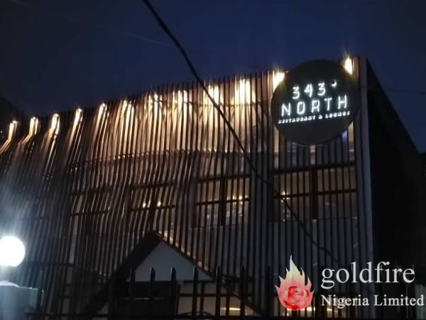 Day and night view of 343 North Restaurant, Victoria island, Lagos. Signage produced by Goldfire Nigeria Limited| Signage Company In Lagos Abuja Nigeria
