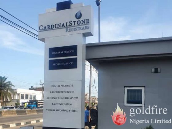 Pylon and internal signage for Cardinal Stone - Yaba produced and installed by Goldfire Nigeria Limited