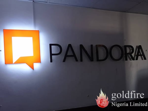 Illuminated logo and signage installed for Pandora Agency - Victoria Island, Lagos by Goldfire Nigeria Limited.