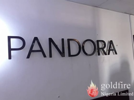 Illuminated logo and signage installed for Pandora Agency - Victoria Island, Lagos by Goldfire Nigeria Limited.