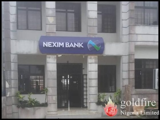 Wall Signage and Pylon at Nexim Bank, Calabar by Signage experts, Goldfire Nigeria Limited.