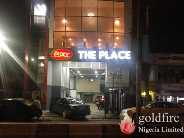 he Place Restaurant logo and Letterings produced and installed by Goldfire Nigeria limited