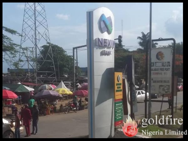 Wall Signage and Pylon at Nexim Bank, Calabar by Signage experts, Goldfire Nigeria Limited.