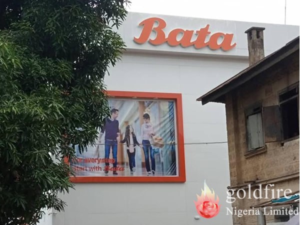Illuminated Internal and external signage for Bata Store - Enugu produced and installed by Goldfire Nigeria Limited.