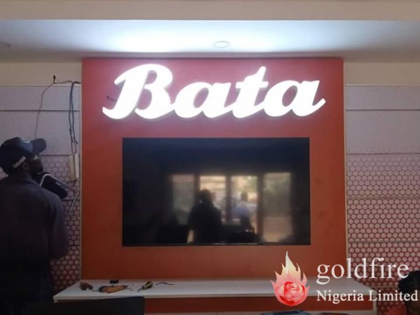 Illuminated Internal and external signage for Bata Store - Enugu produced and installed by Goldfire Nigeria Limited.
