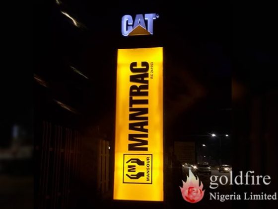 Illuminated pylon sign for Mantrac, Ibadan produced and installed by Goldfire Nigeria Limited.