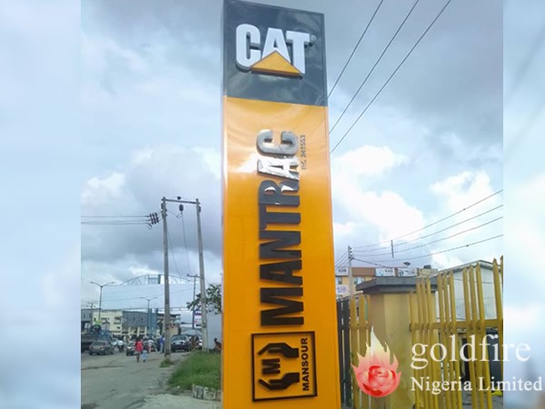 Illuminated pylon sign for Mantrac, Ibadan produced and installed by Goldfire Nigeria Limited.