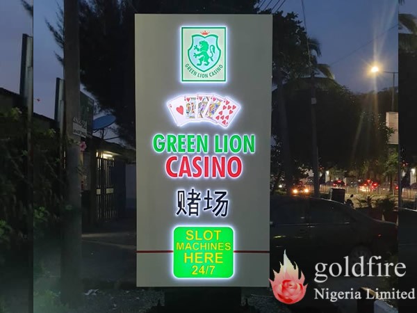 Illuminated Green Lion Casino Pylon Sign - Victoria Island, Lagos produced and installed by Goldfire Nigeria Limited.