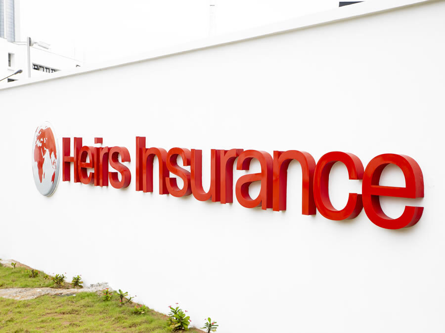 Signage for Heirs Insurance produced by Goldfire Nigeria Limited | Signage company in Nigeria | Branding Company In Nigeria | Insurance Signs | Banking Signs | Commercial Signs | Exterior Signs | Illuminated Signs | Wall Signs | High Rise Building Signs