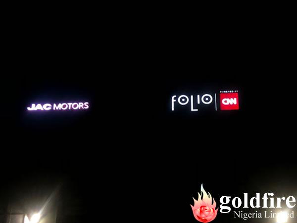 Illuminated signage for Folio by CNN & JAC Motors produced and installed by Goldfire Nigeria Limited - Signage Company In Nigeria | Branding Company In Lagos Abuja Nigeria