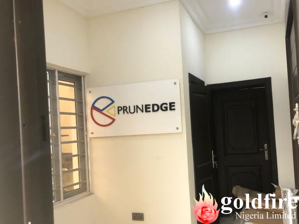 Internal Sigange for Prunedge produced and installed by Goldfire Nigeria Limited. Reception Sign