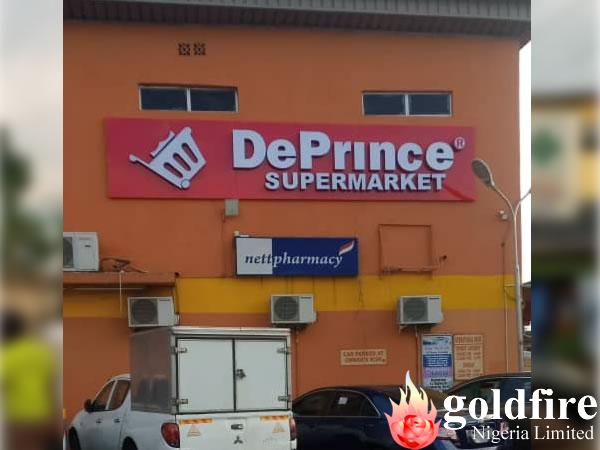 Signage for De Prince Supermarket - Magodo, Lagos produced and installed by Goldfire Nigeria Limited | Retail & Shop Signs| Supermarket signs