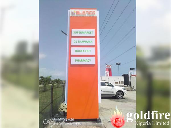 Blenco Supermarket Pylon signage produced and installed by Goldfire Nigeria Limited.