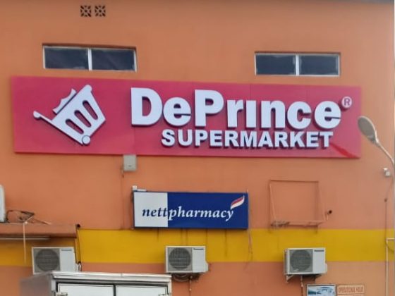 Signage for De Prince Supermarket - Magodo, Lagos produced and installed by Goldfire Nigeria Limited | Retail & Shop Signs| Supermarket signs