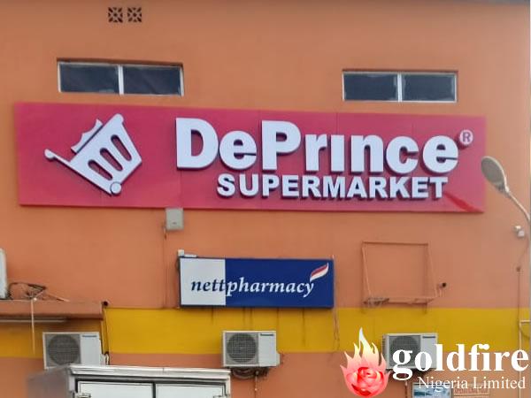 Signage for De Prince Supermarket - Magodo, Lagos produced and installed by Goldfire Nigeria Limited | Retail & Shop Signs| Supermarket signs