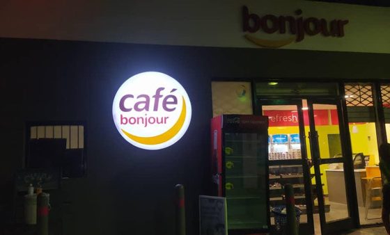 Illuminated Cafe Bonjour signage at Sango Station for Total PLC produced and installed by Golfire Nigeria Limited.