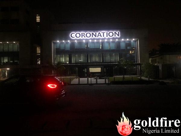 Signage: Coronation Merchant Bank produced and installed by Goldfire Nigeria Limited