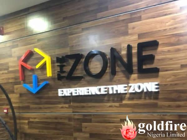 angled view individual-lettering signage produced for The Zone Co-working Space, Gbagada by Goldfire Nigeria Limited