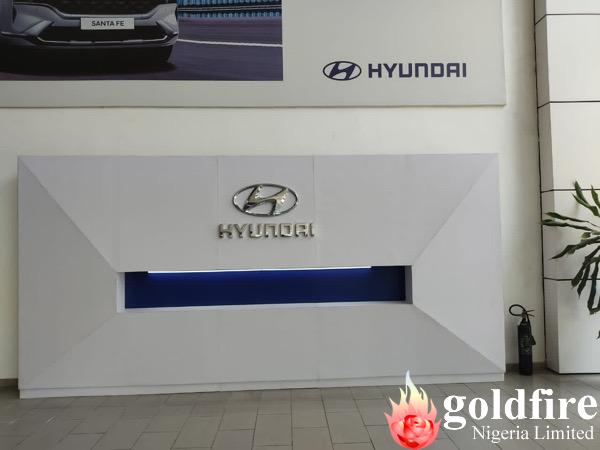 non-illuminated logo signage produced for Hyundai at Victoria Island, Lagos by Goldfire Nigeria Limited.