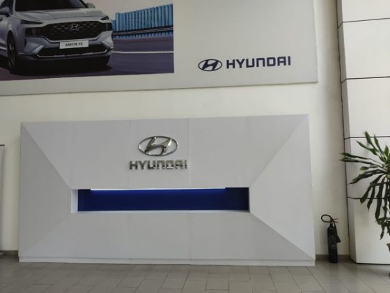 non-illuminated logo signage produced for Hyundai at Victoria Island, Lagos by Goldfire Nigeria Limited.