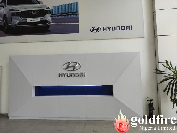 non-illuminated logo signage produced for Hyundai at Victoria Island, Lagos by Goldfire Nigeria Limited.