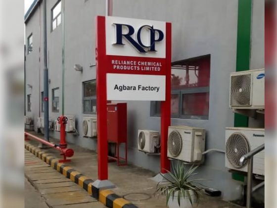 illuminated exterior signage for Reliance Chemical Products Limited Agbara, Lagos produced, delivered and installed by Goldfire Nigeria limited.