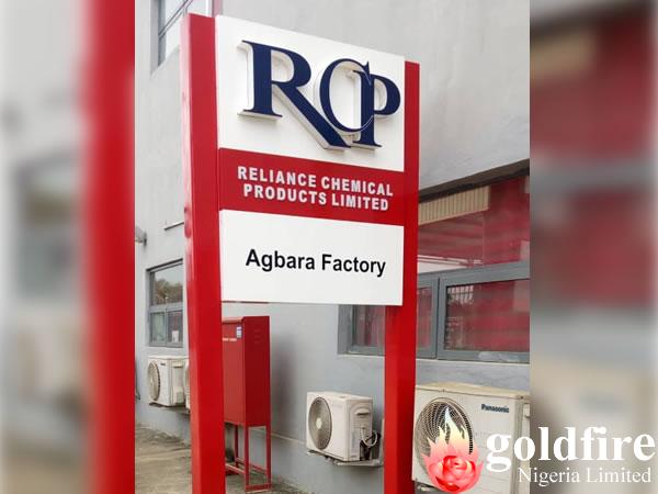 illuminated exterior signage for Reliance Chemical Products Limited Agbara, Lagos produced, delivered and installed by Goldfire Nigeria limited.