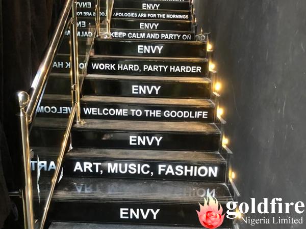 illuminated Staircase lettering at Club Envy - Victoria Island, Lagos by Golfire Nigeria Limited