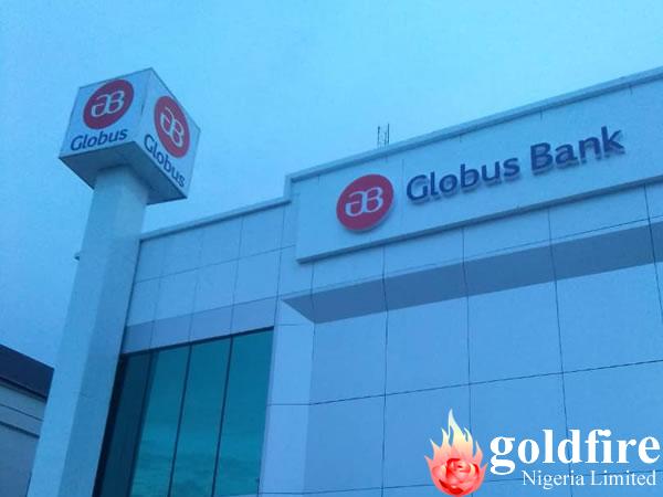 Wall Signage for Globus Bank - Aba produced, delivered and Installed by Goldfire Nigeria limited.
