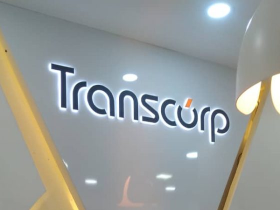 Illuminated Transcorp pylon sign, wall sign and internal signage produced, delivered and Installed by Goldfire Nigeria limited.