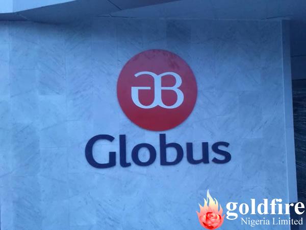 Logo Signage for Globus Bank - Aba produced, delivered and Installed by Goldfire Nigeria limited.