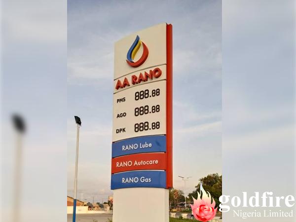 Day and night pictures of AA Rano Pylon Signage - Kaduna;produced , delivered and installed by Goldfire Nigeria Limited.