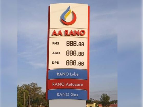 Day and night pictures of AA Rano Pylon Signage - Kaduna;produced , delivered and installed by Goldfire Nigeria Limited.