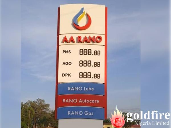 Day and night pictures of AA Rano Pylon Signage - Kaduna;produced , delivered and installed by Goldfire Nigeria Limited.