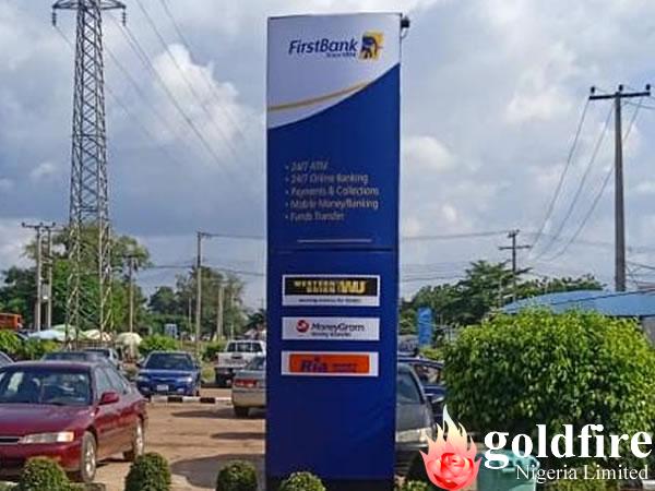 Pylon Signage for First Bank - Makurdi produced and installed by Goldfire Nigeria Limited.