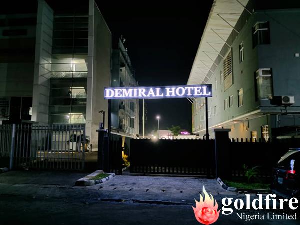 Day & Night pictures of signage for Demiral Hotel - Admiralty Way, Lekki produced and installed by Goldfire Nigeria Limited.