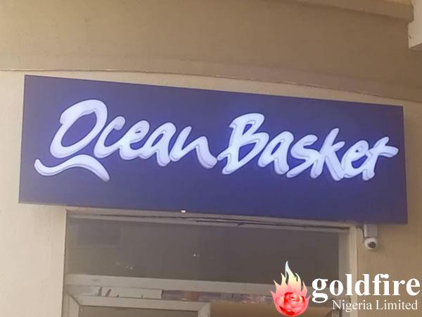 Illuminated signage -Ocean basket Restaurant at Jabi Lake mall, Abuja produced by Goldfire Nigeria Limited.