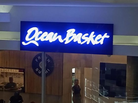 Illuminated signage -Ocean basket Restaurant at Jabi Lake mall, Abuja produced by Goldfire Nigeria Limited.