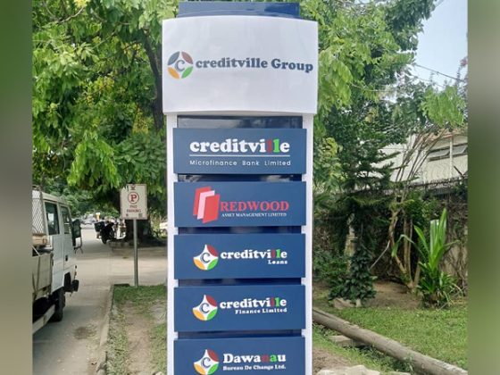 Illuminated Pylon signage for Creditville - Victoria Island, Lagos produced and installed by Goldfire Nigeria Limited.