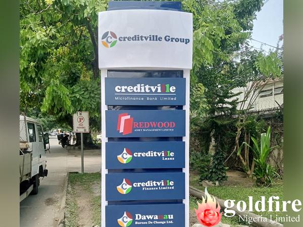 Illuminated Pylon signage for Creditville - Victoria Island, Lagos produced and installed by Goldfire Nigeria Limited.