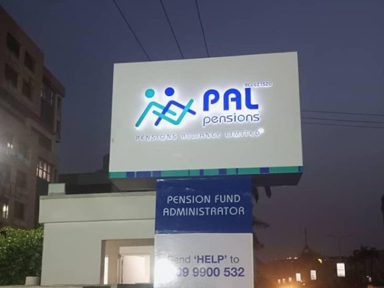 illuminated Pylon and reception signage for Pal Pensions - Abuja, done by Goldfire Nigeria Limited.