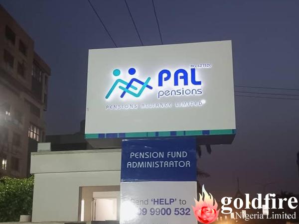 illuminated Pylon and reception signage for Pal Pensions - Abuja, done by Goldfire Nigeria Limited.