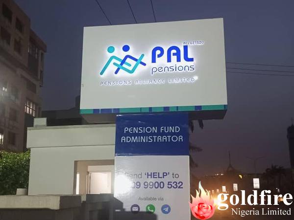 illuminated Pylon and reception signage for Pal Pensions - Abuja, done by Goldfire Nigeria Limited.